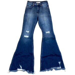KanCan Women's Jeans Size 26 Distressed Flare Medium Wash Frayed Hem Stretch Den